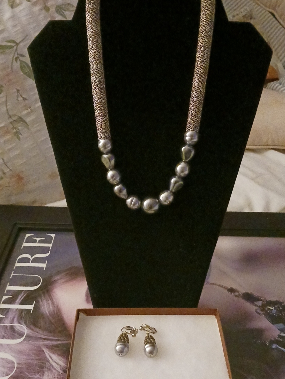 Classic Silver-Tone Bead Necklace with Coordinating Drop Earrings
